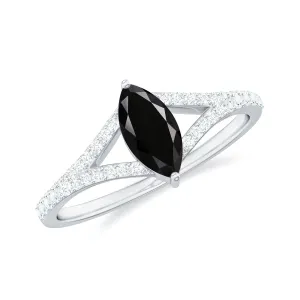 1 CT Split Shank Marquise Cut Black Spinel and Diamond Ring