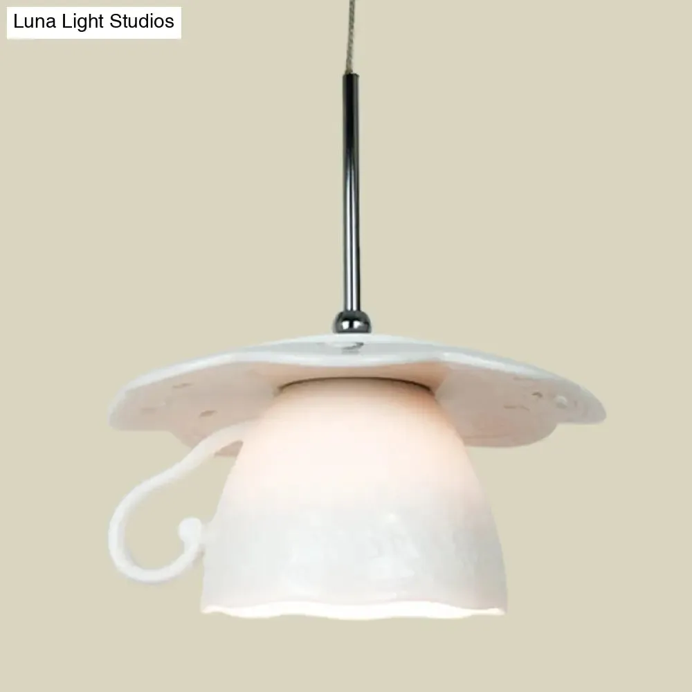 1-Light Nordic White LED Ceiling Suspension Fixture with Coffee Cup Ceramics Shade for Restaurants