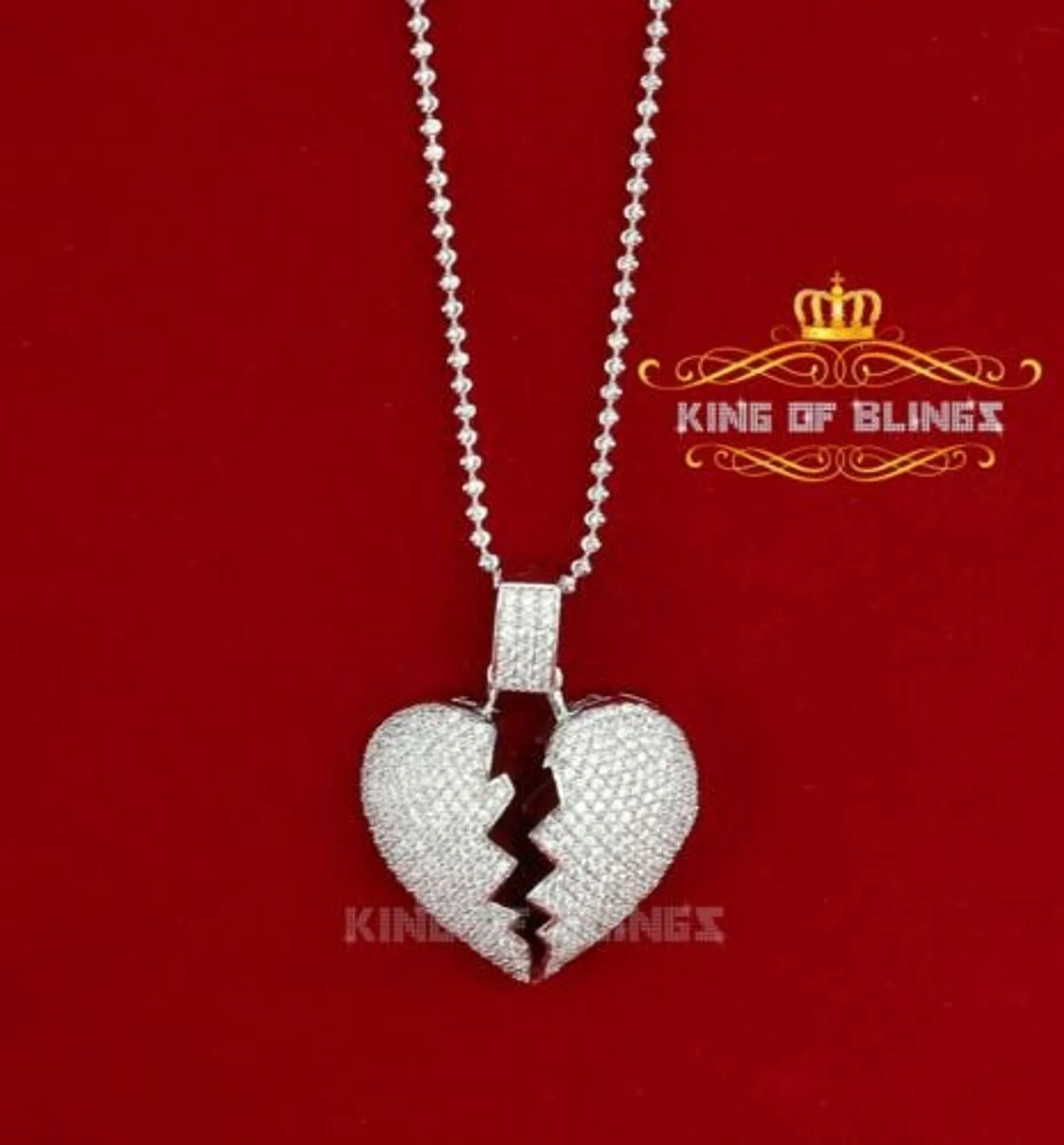 10K White Gold Finish ''Broken Heart" 925 Silver Lab Created Diamonds Pendant