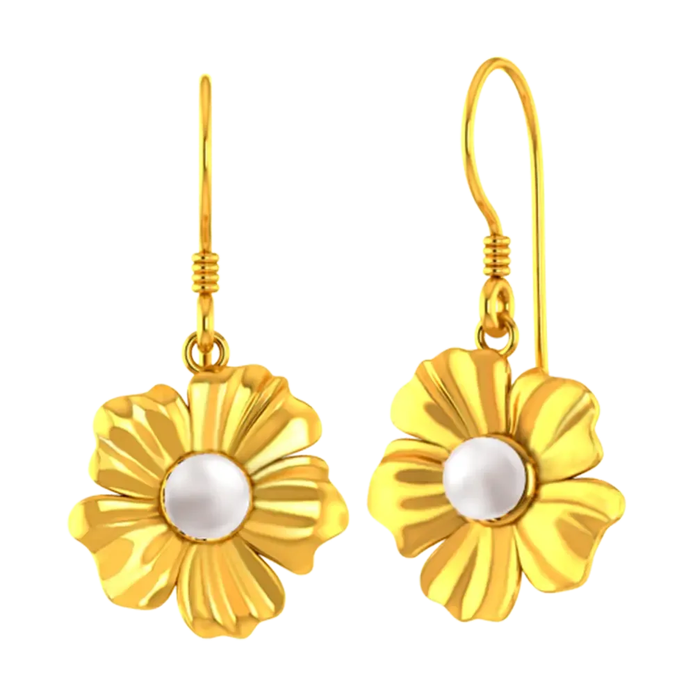 14k Flower Shaped Earrings With Gold Petals And A Pearl In Between