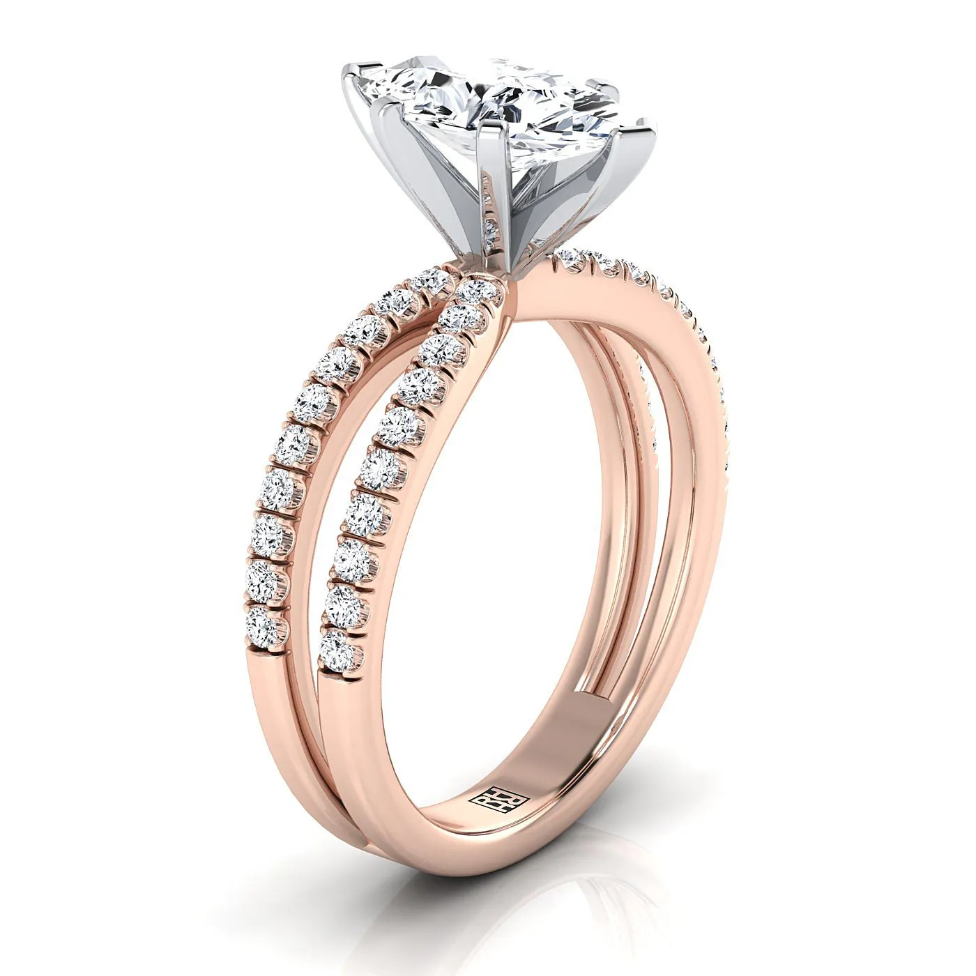 14K Rose Gold Marquise  Diamond Two Row Pavé Split Shank Engagement Ring -1/3ctw