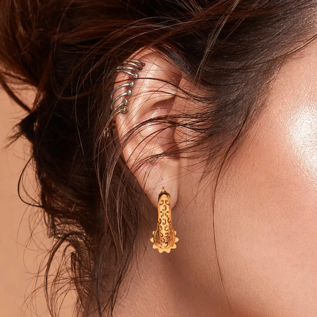 14k Unique Gold Earrings With Detailed Artistry