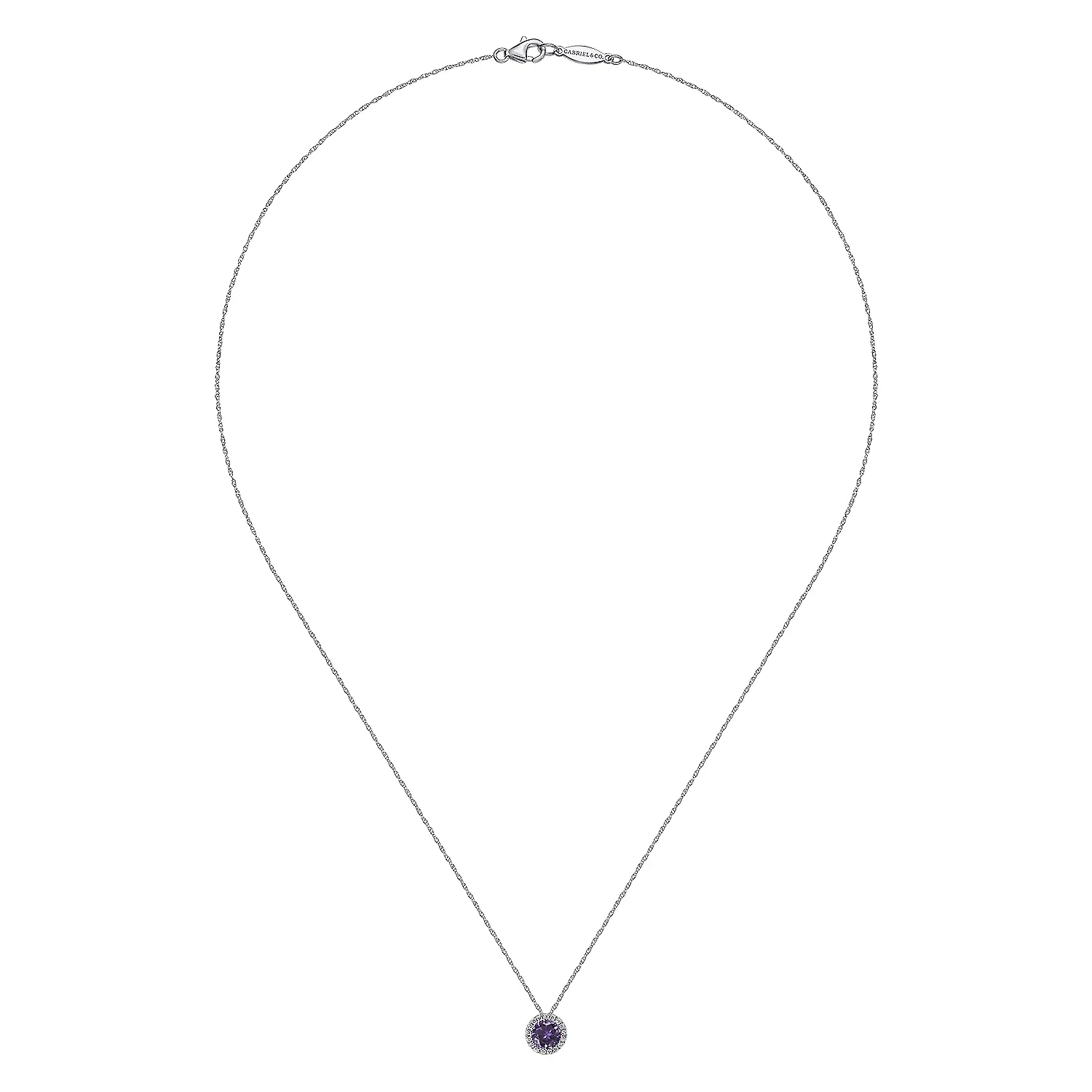 14K White Gold Amethyst and Diamond Halo Pendant Necklace