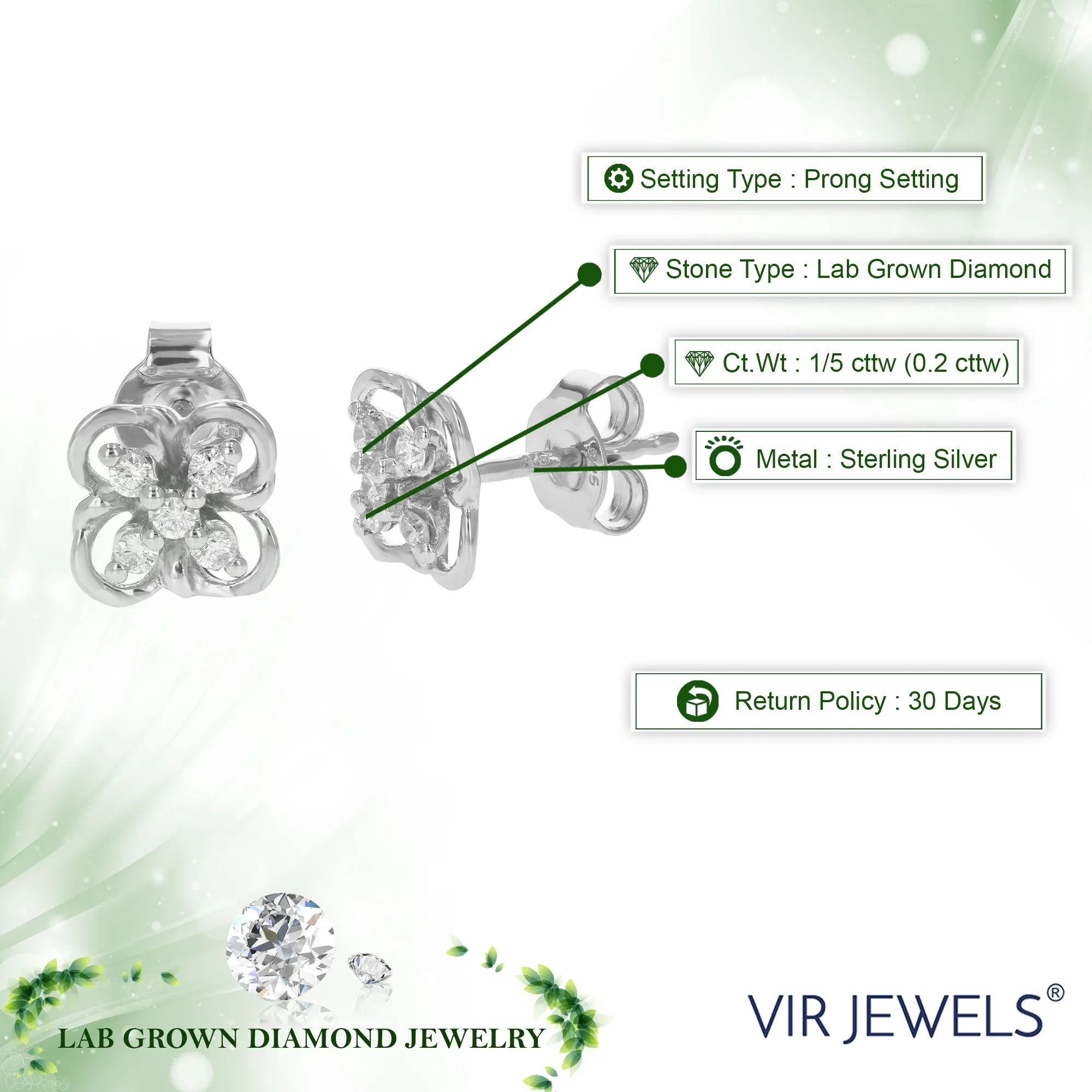 1/5 cttw Lab Grown Diamond Flower Stud Earrings Sterling Silver