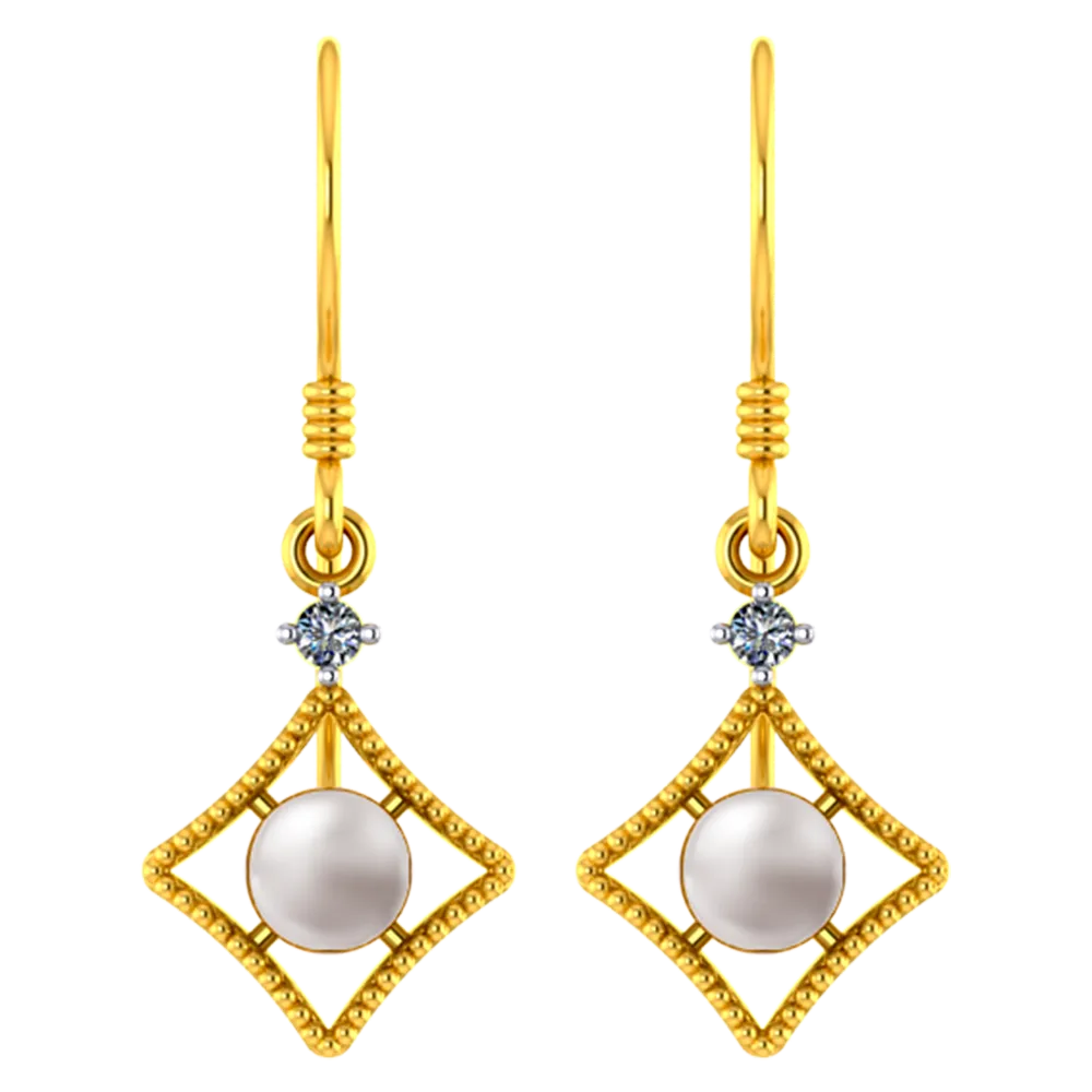 18k Diamond Shaped Diamond Earrings With A Pearl And Beautiful Detailing