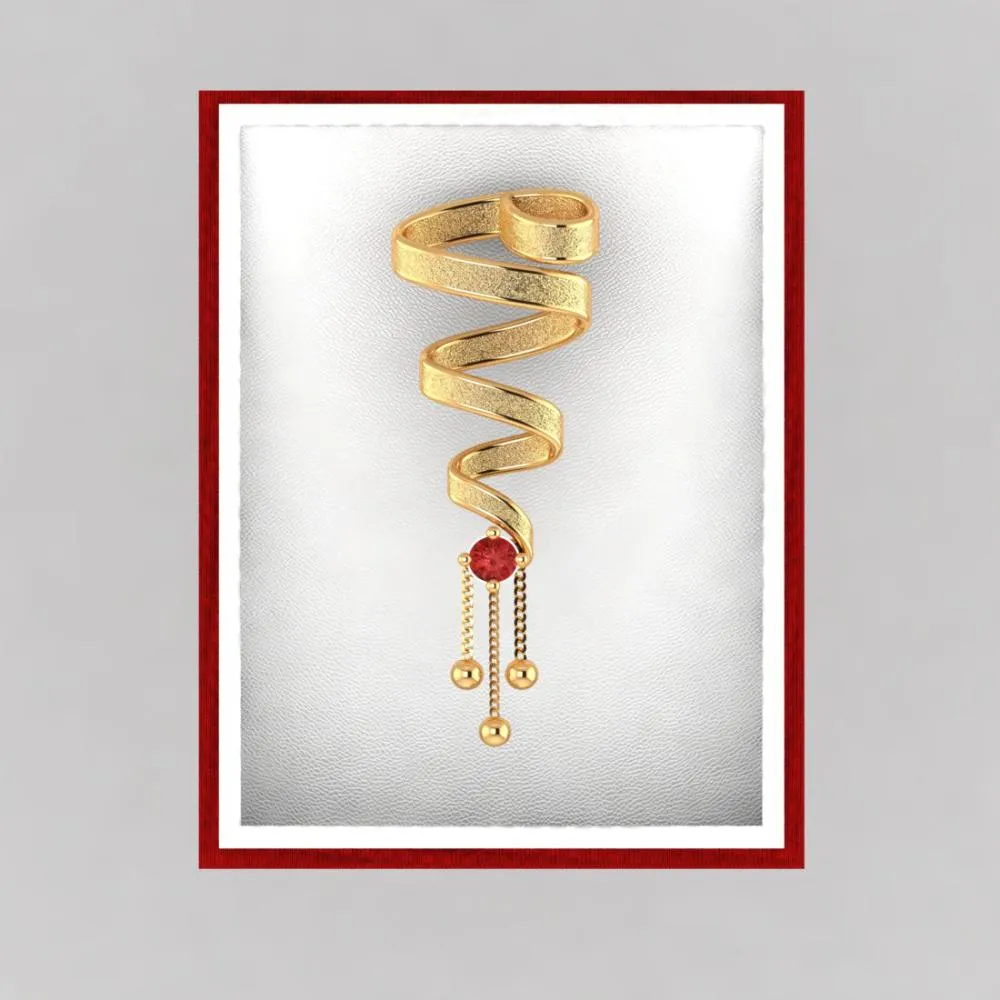 18k Gold Earrings With Beautiful Spiral Pattern And Red Stone