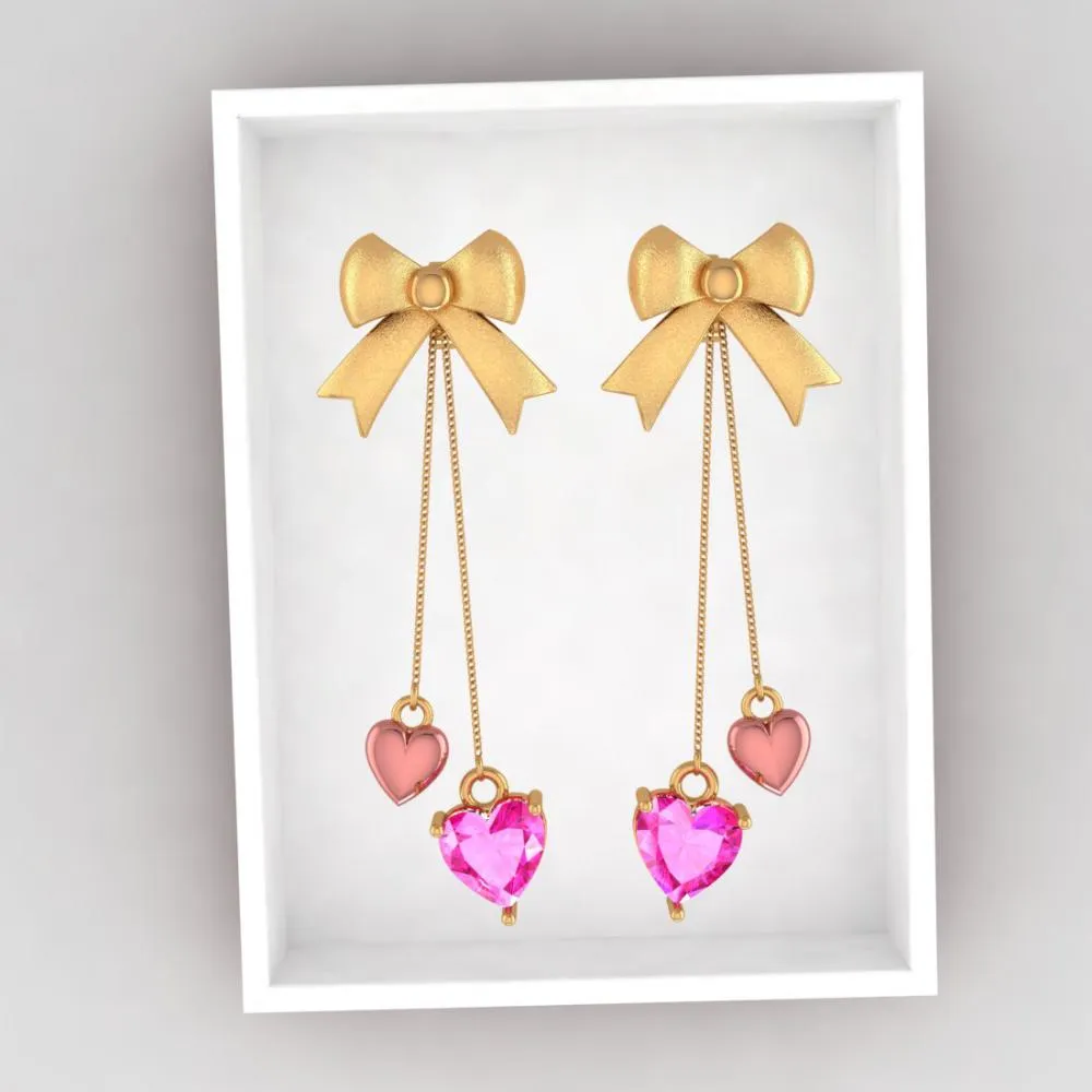 18k Hearts With Bow Style Gold Earrings