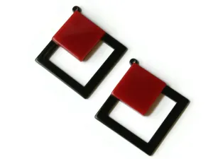 2 51mm Red and Black Double Square Resin Pendants