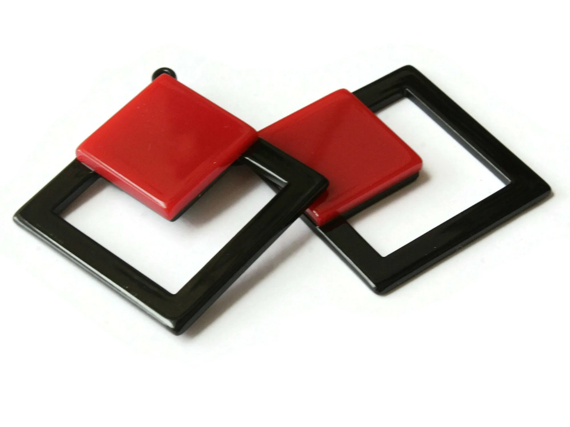 2 51mm Red and Black Double Square Resin Pendants