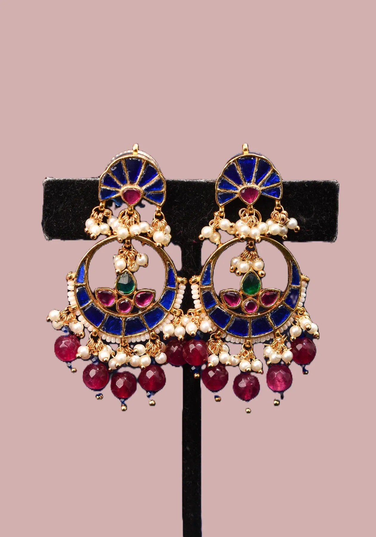 2.2" Unique Blue Stone Jadau Chandbali Earrings with Pink Fuchsia Stones