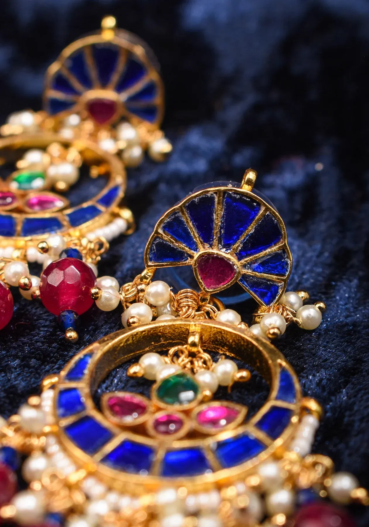 2.2" Unique Blue Stone Jadau Chandbali Earrings with Pink Fuchsia Stones