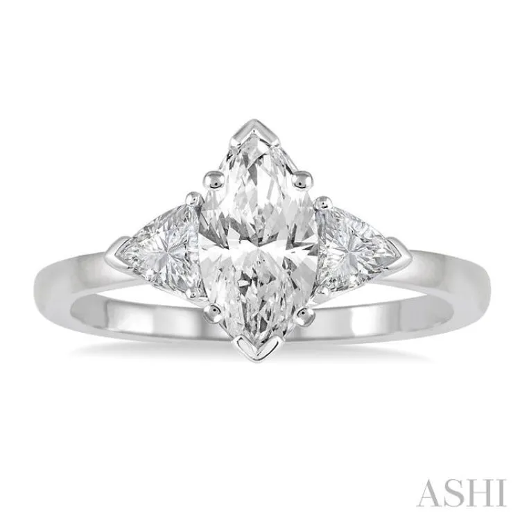 3/4 ctw Marquise and Triangular Cut Diamond Ladies Engagement Ring with 1/2 Ct Marquise cut Center Stone in 14K White Gold