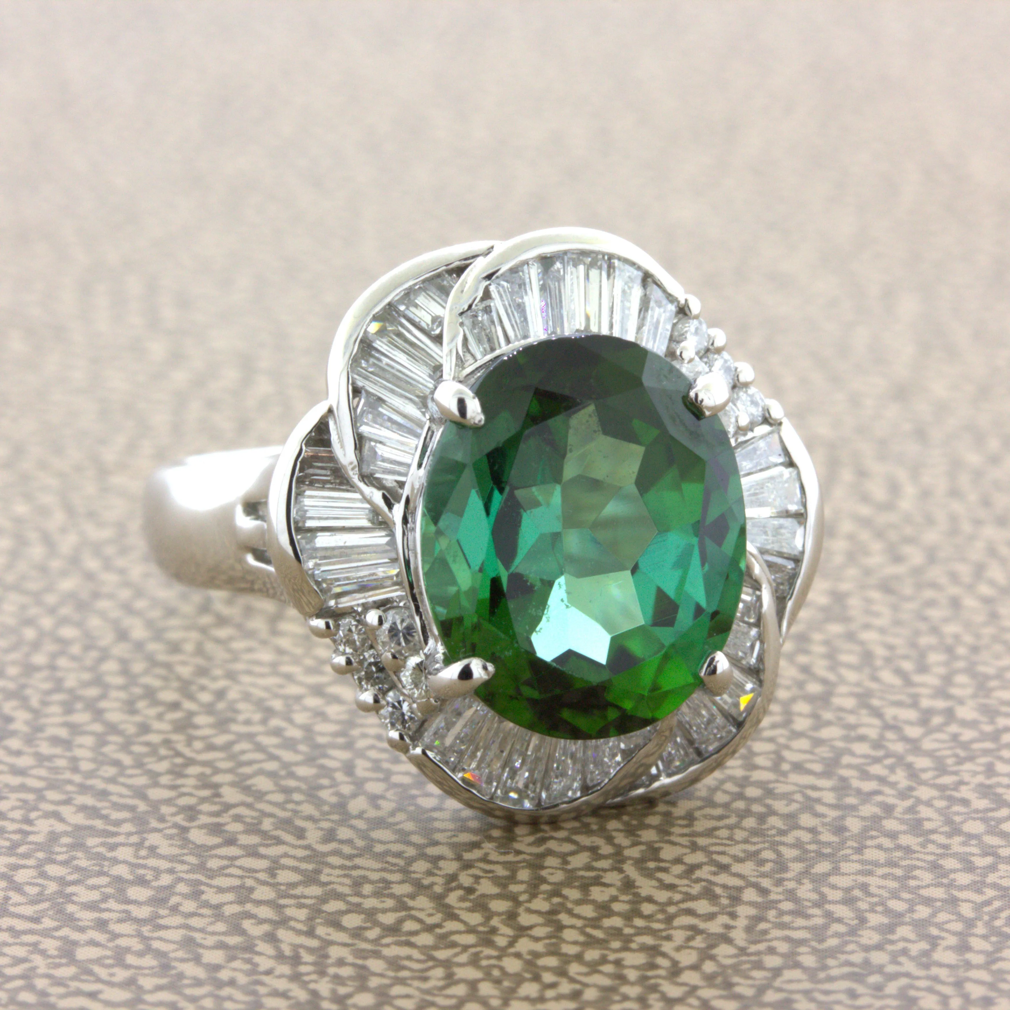 4.95 Carat Indicolite Tourmaline Diamond Platinum Spiral Ring