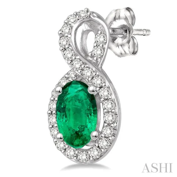 5x3 MM Oval Cut Emerald and 1/5 Ctw Round Cut Diamond Earrings in 10K White Gold