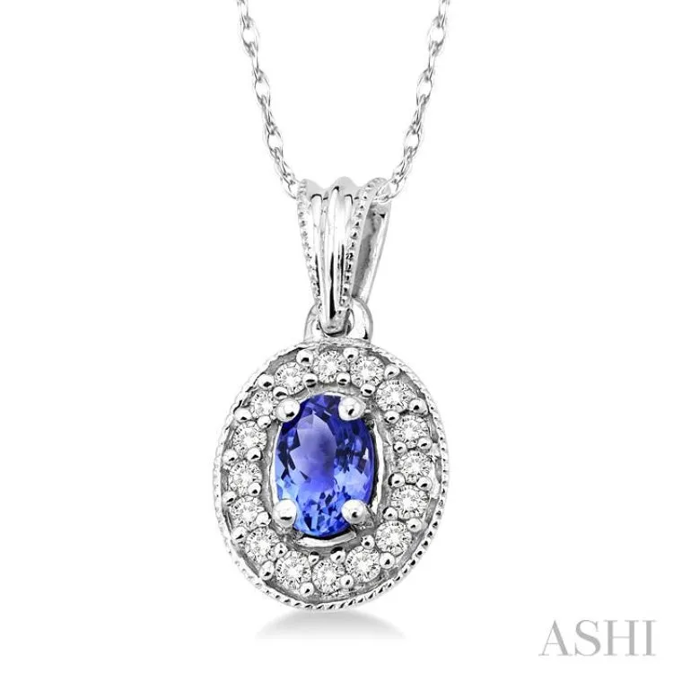 6x4 MM Oval Cut Tanzanite and 1/5 Ctw Round Cut Diamond Pendant in 14K White Gold with Chain