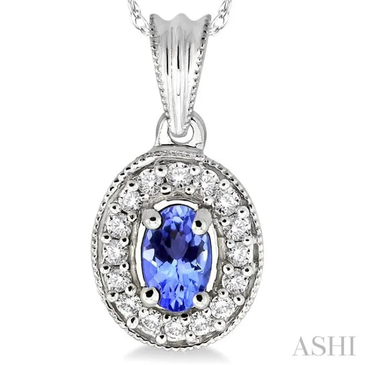 6x4mm Oval Cut Tanzanite and 1/5 Ctw Round Cut Diamond Pendant in 14K White Gold with Chain