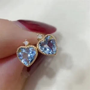 925 Sterling Silver Stud Earring Charm Jewelry - Sapphire Heart Shaped - Xm251-E