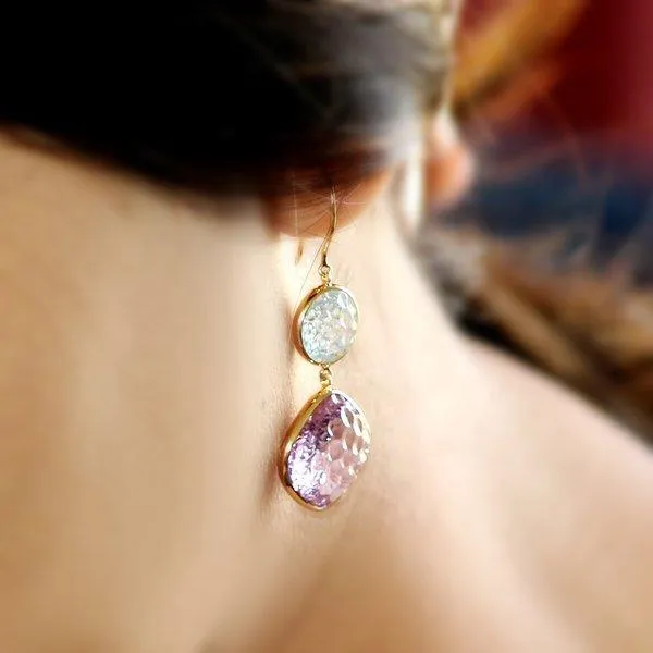 A unique Cut Amethyst and Blue Topaz Earrings