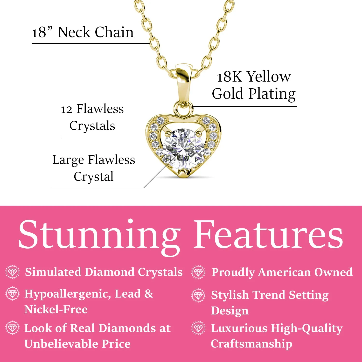 Amberly 18k White Gold Plated Heart Pendant Necklace with Solitaire Round Cut Swarovski Crystals