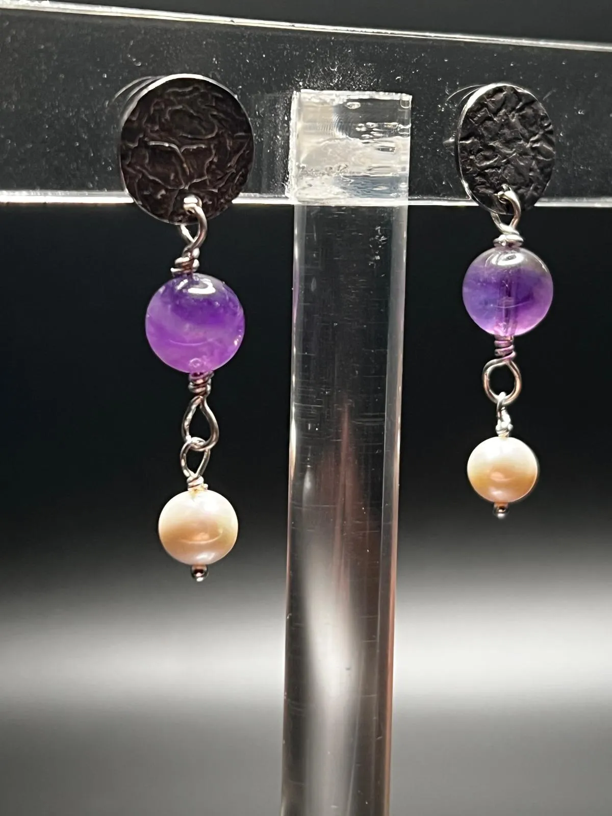 Amethyst, Pearl, and Sterling Silver Earrings