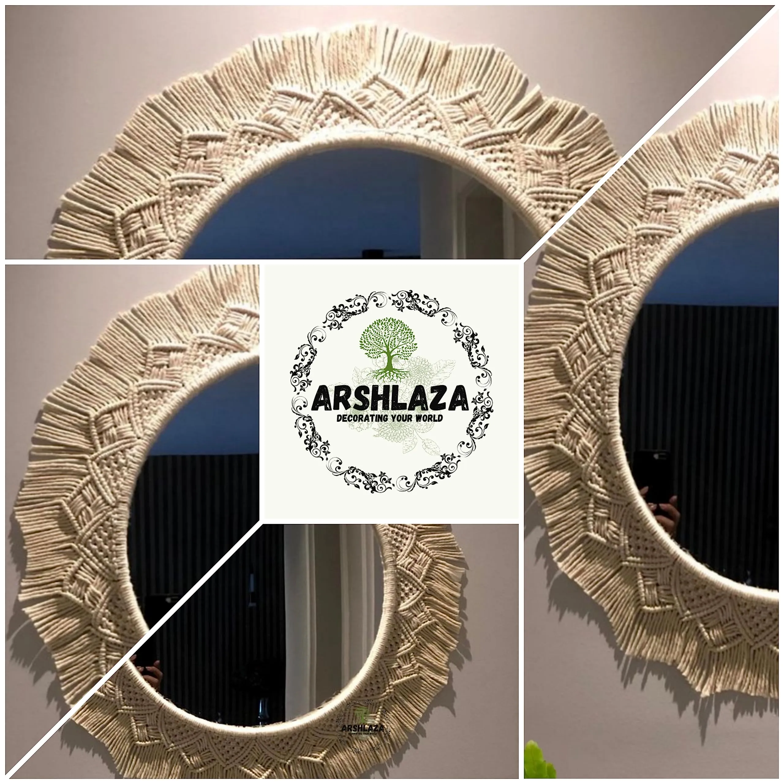 ARSHLAZA Macrame Hanging Wall Mirror with Macrame Round Mirror Art Boho Decor Macrame Decorative Mirror Hanging [M80]