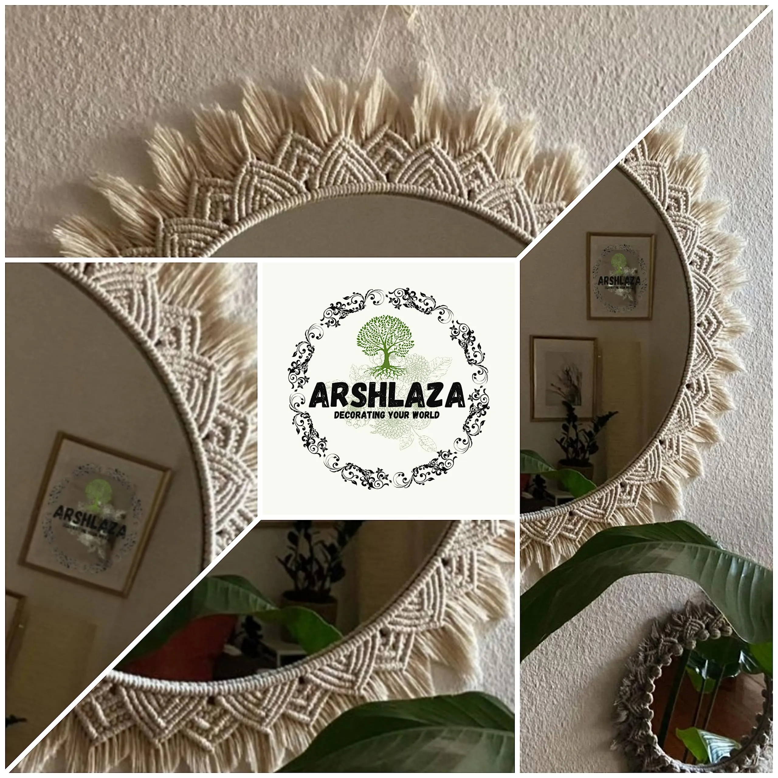 ARSHLAZA Macrame Hanging Wall Mirror with Macrame Round Mirror Art Boho Decor Macrame Decorative Mirror [M83]