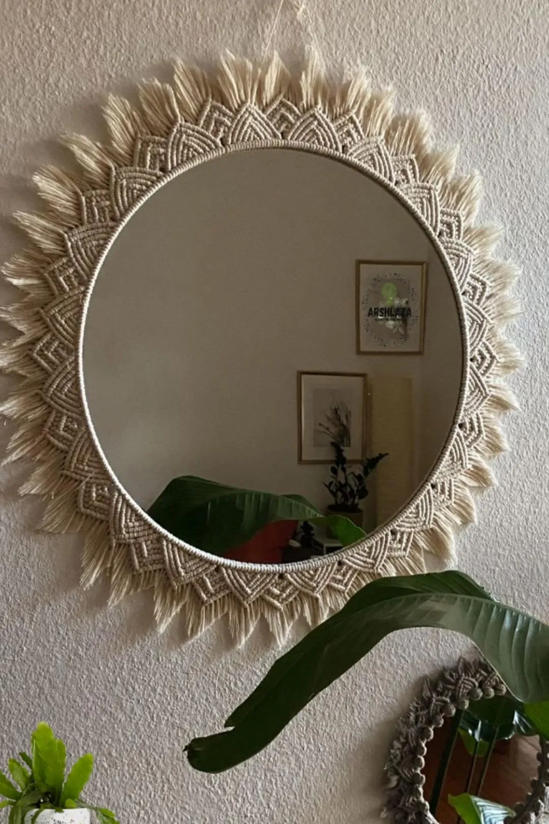 ARSHLAZA Macrame Hanging Wall Mirror with Macrame Round Mirror Art Boho Decor Macrame Decorative Mirror [M83]