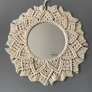 ARSHLAZA Macrame Hanging Wall Mirror with Macrame Round Mirror Art Boho Decor Macrame Decorative Mirror [MF00L9] Framed, Off-White