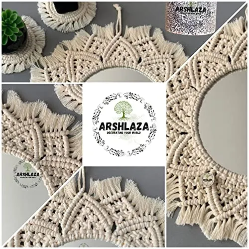 ARSHLAZA Macrame Hanging Wall Mirror with Macrame Round Mirror Art Boho Decor Macrame Decorative Mirror [MF00L9] Framed, Off-White