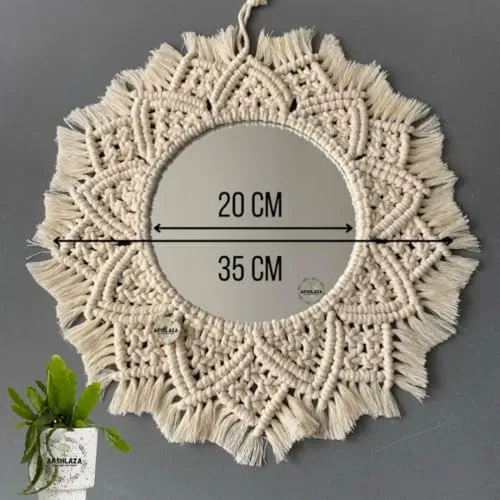 ARSHLAZA Macrame Hanging Wall Mirror with Macrame Round Mirror Art Boho Decor Macrame Decorative Mirror [MF00L9] Framed, Off-White