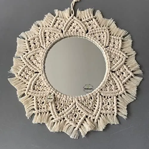 ARSHLAZA Macrame Hanging Wall Mirror with Macrame Round Mirror Art Boho Decor Macrame Decorative Mirror [MF00L9] Framed, Off-White