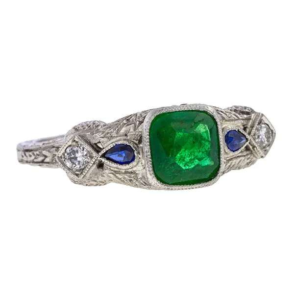 Art Deco Emerald, Sapphire & Diamond Ring