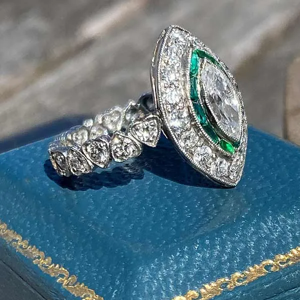 Art Deco Marquise Diamond & Emerald Ring, 0.50ct.