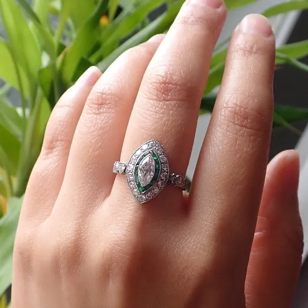 Art Deco Marquise Diamond & Emerald Ring, 0.50ct.