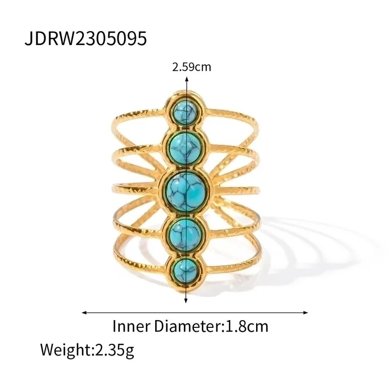 Artistic Geometric Stainless Steel 18k Gold Plated Turquoise Open Rings In Bulk