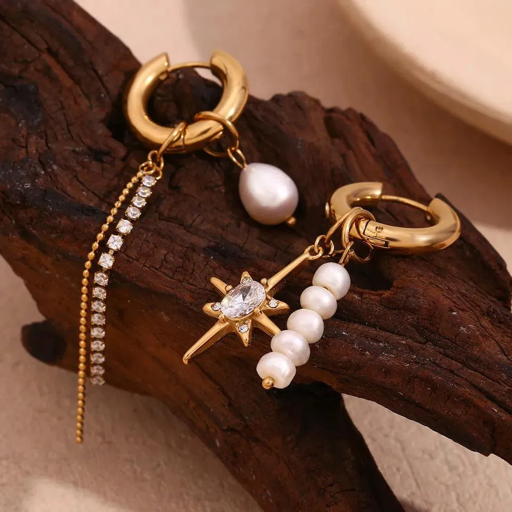 Asymmetrical Pearl Drop Earrings with Star Charm – Statement Earrings for Women