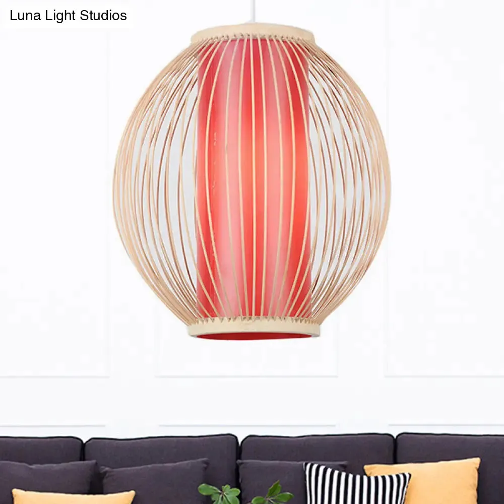 Bamboo Hanging Light Fixture with Chinese Style Suspension - 1-Light Global Kitchen Lamp, Inner Red Cylinder Shade