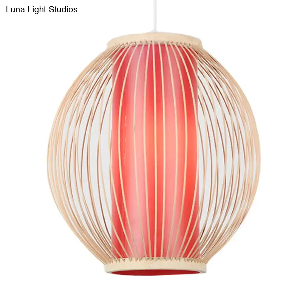 Bamboo Hanging Light Fixture with Chinese Style Suspension - 1-Light Global Kitchen Lamp, Inner Red Cylinder Shade