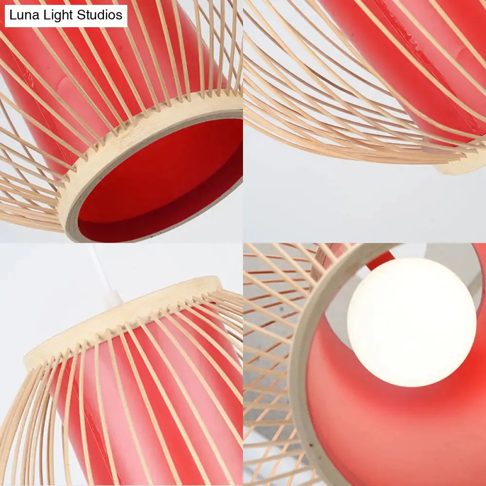 Bamboo Hanging Light Fixture with Chinese Style Suspension - 1-Light Global Kitchen Lamp, Inner Red Cylinder Shade