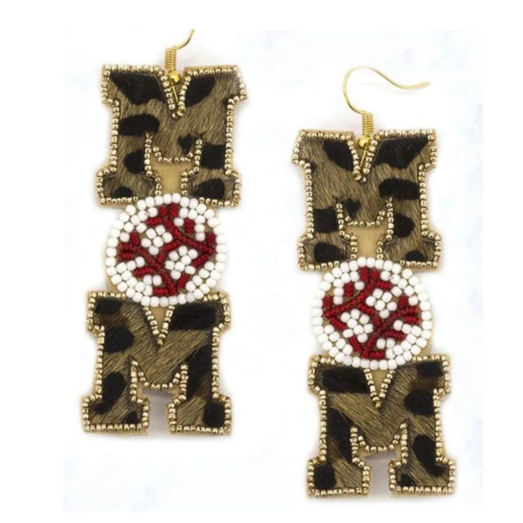 BASEBALL EARRINGS: Leopard Print Beaded Baseball MOM Earrings