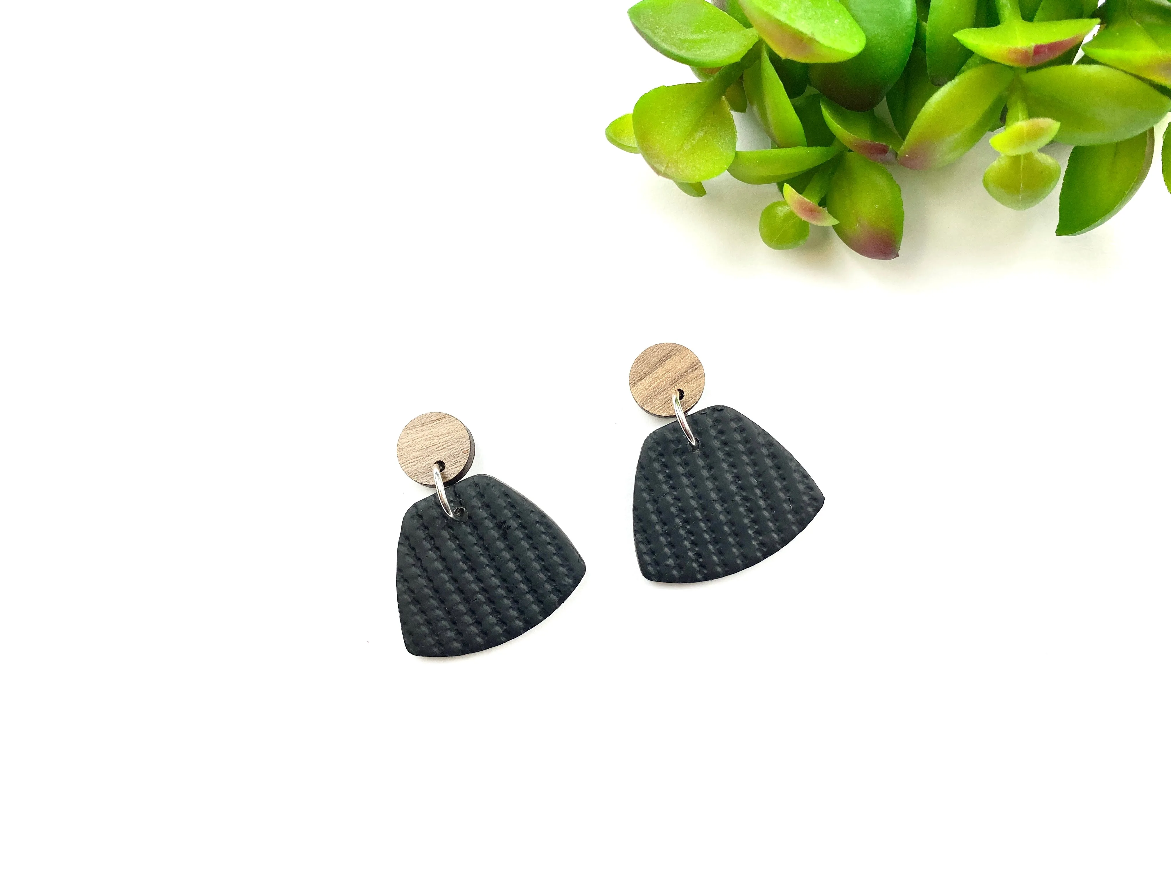 Black Geometric Clay and Wood Earring with Sweater Pattern