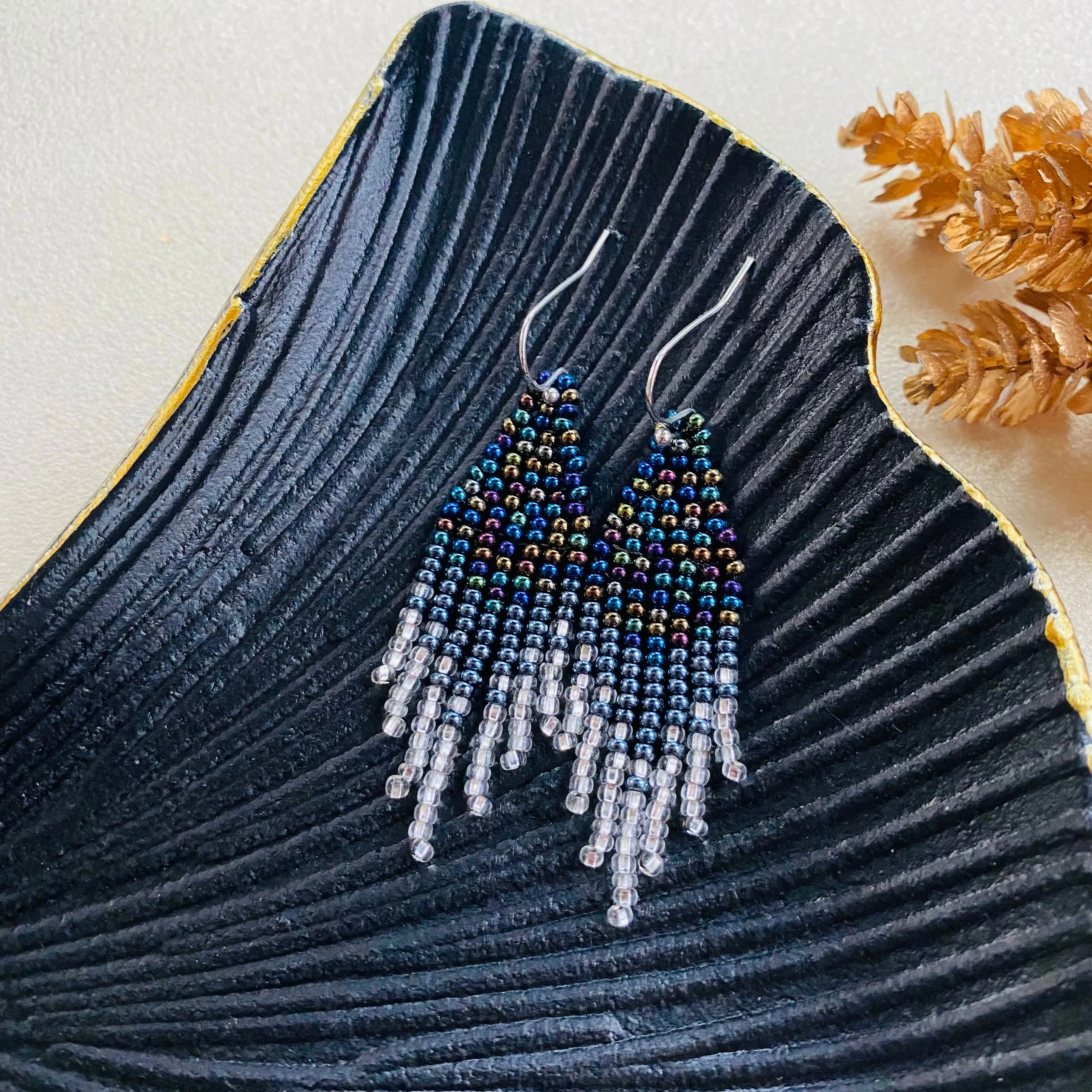 Black silver Seed Bead Earrings for women. Short Chandelier Earrings, Dainty Unique earrings with fringe. Cute ombre earrings. Earrings Navy Blue Silver beaded.