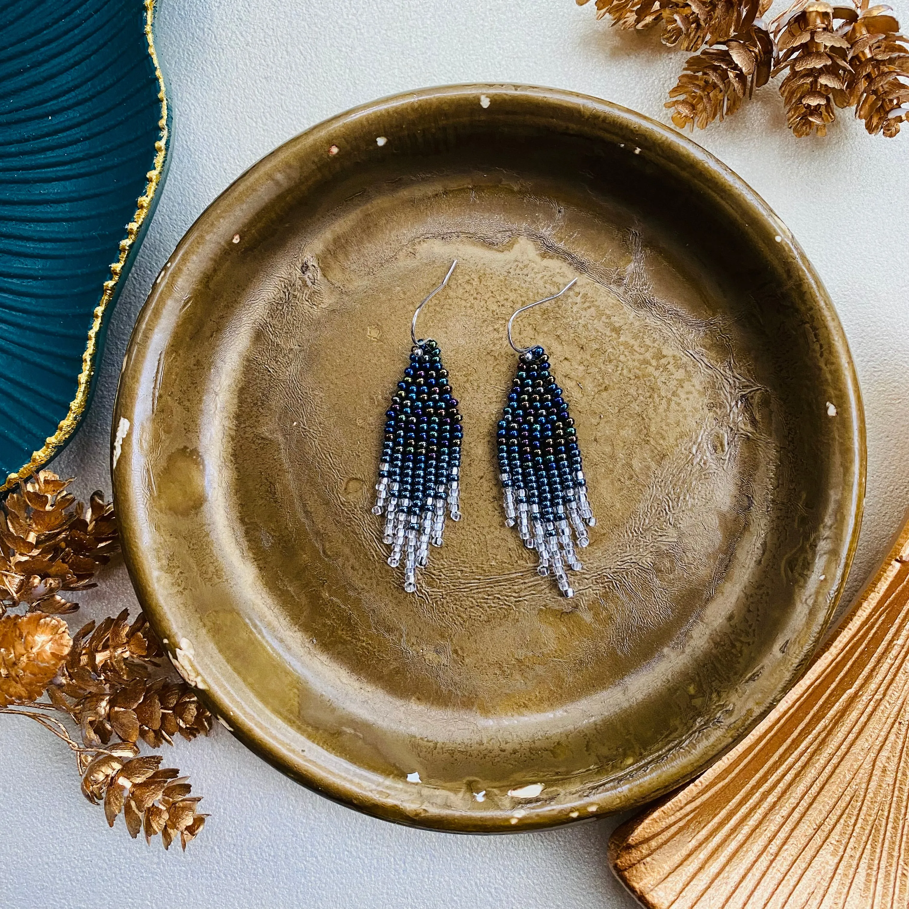 Black silver Seed Bead Earrings for women. Short Chandelier Earrings, Dainty Unique earrings with fringe. Cute ombre earrings. Earrings Navy Blue Silver beaded.