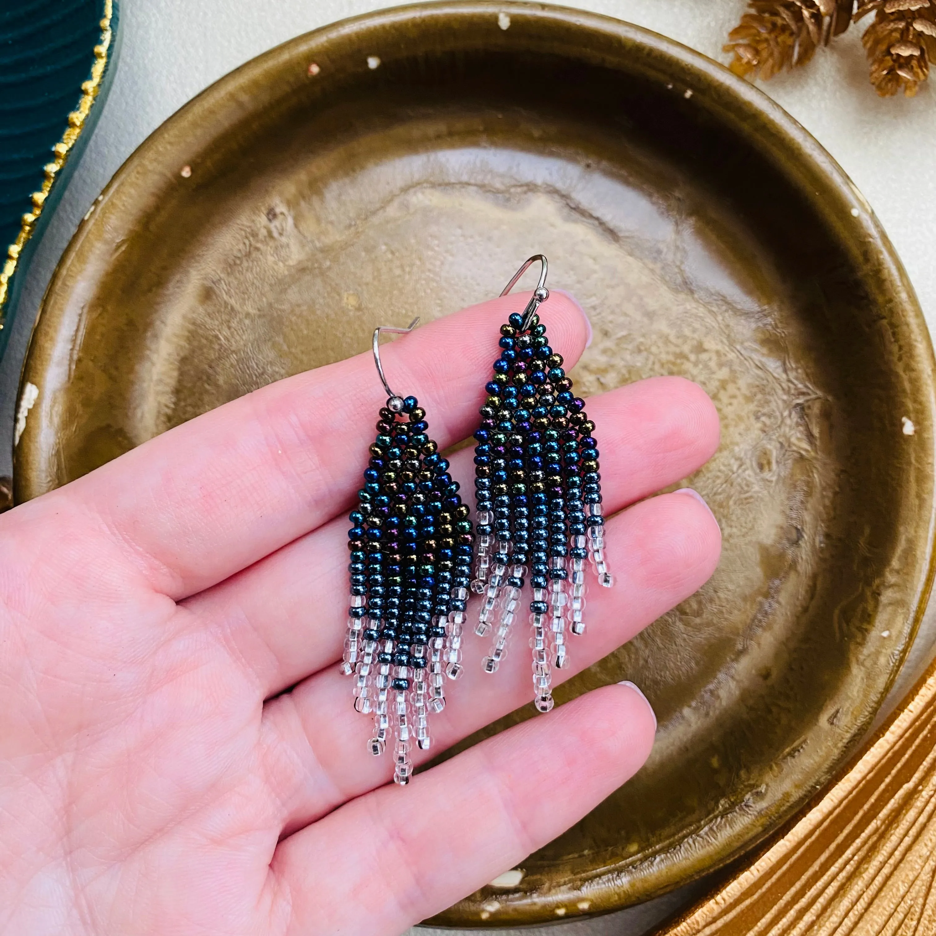 Black silver Seed Bead Earrings for women. Short Chandelier Earrings, Dainty Unique earrings with fringe. Cute ombre earrings. Earrings Navy Blue Silver beaded.