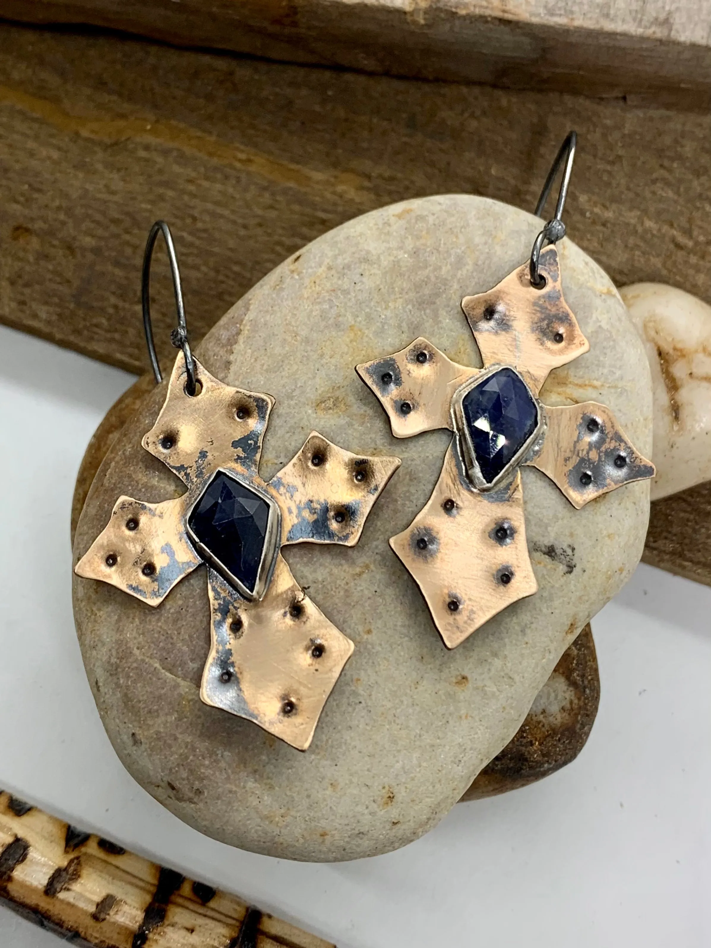 Bronze Sterling Silver Cross Blue Sapphire Earrings