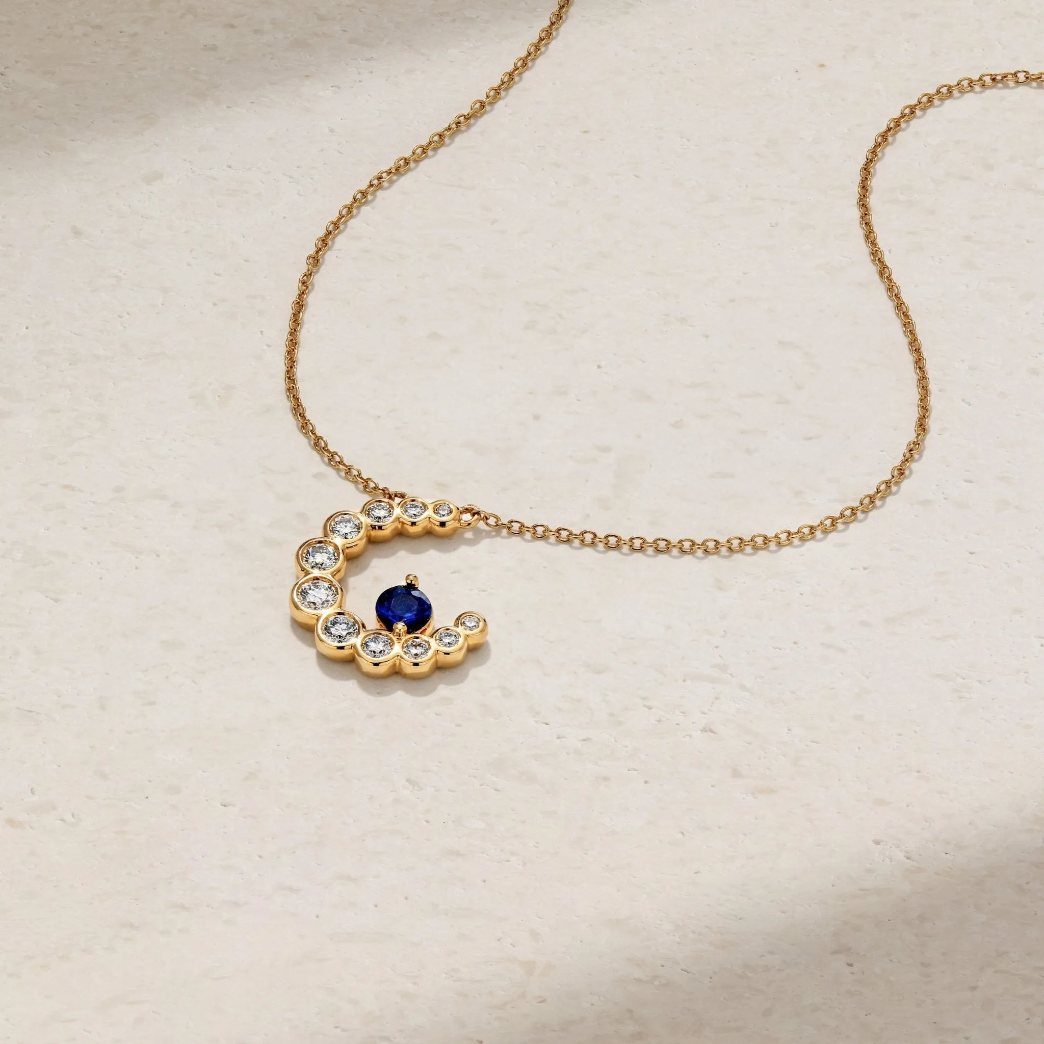 Bubbly Crescent Moon Sapphire and Diamond Necklace