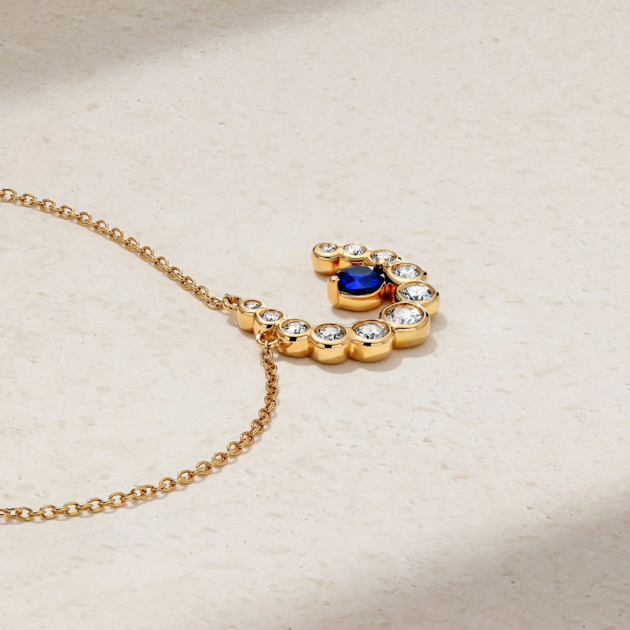 Bubbly Crescent Moon Sapphire and Diamond Necklace