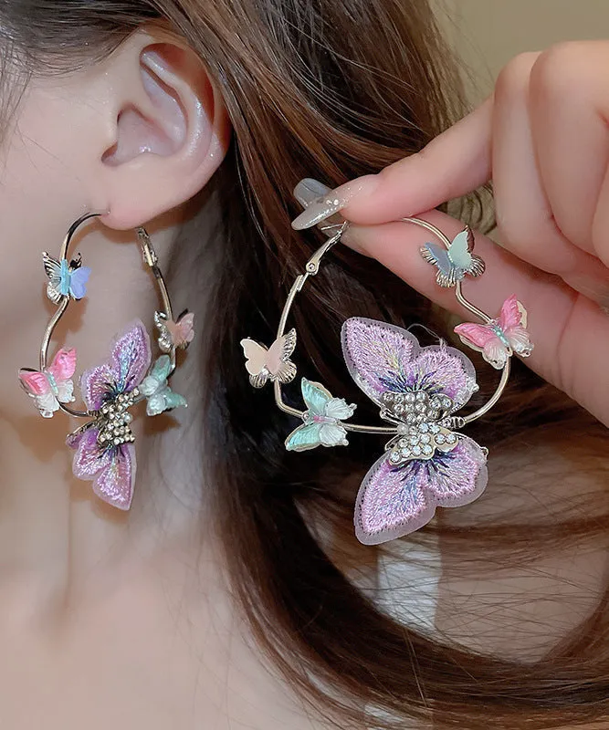 Casual Purple Sterling Silver Alloy Zircon Butterfly Love Hoop Earrings RA042