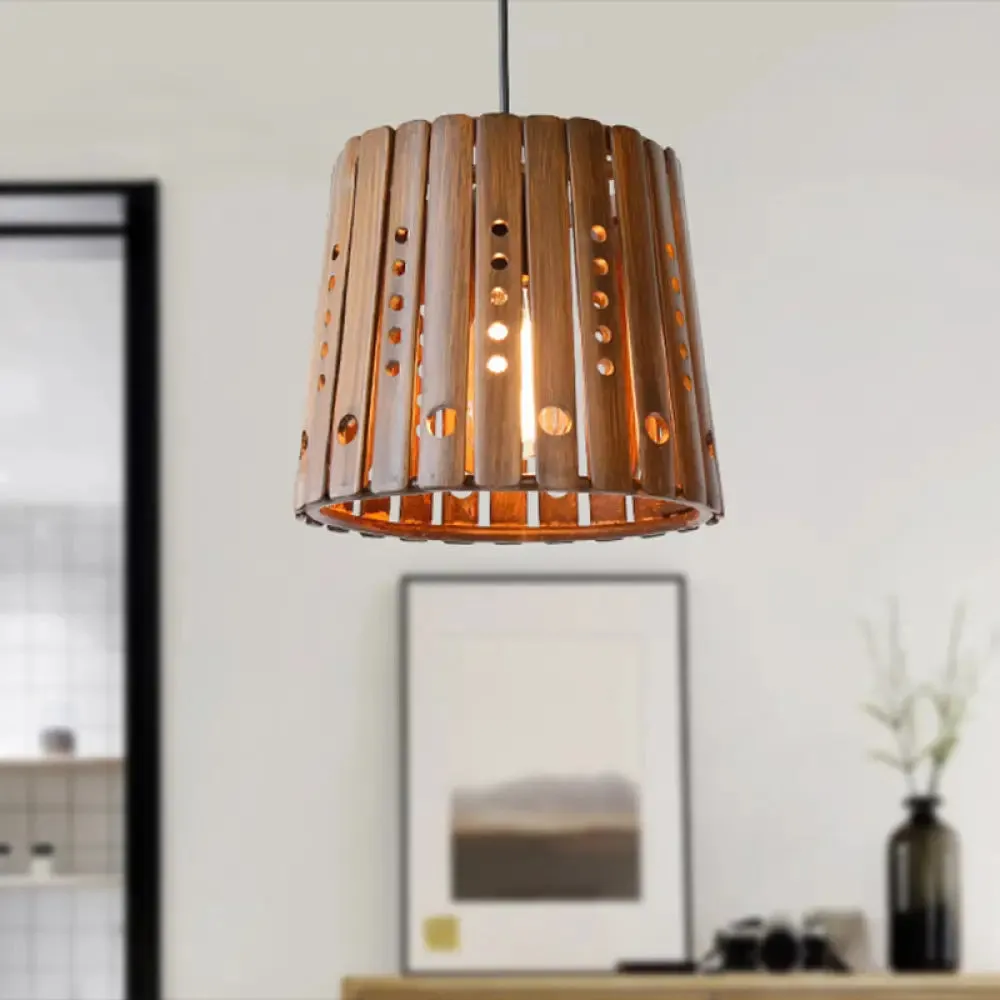 Contemporary Bamboo Pendant Lamp with Slatted Design - Brown