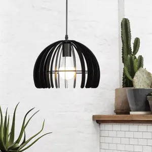 Contemporary Domed Cage Hanging Lamp Kit for Living Room - Metal Single Bulb Suspension Pendant in Black/White